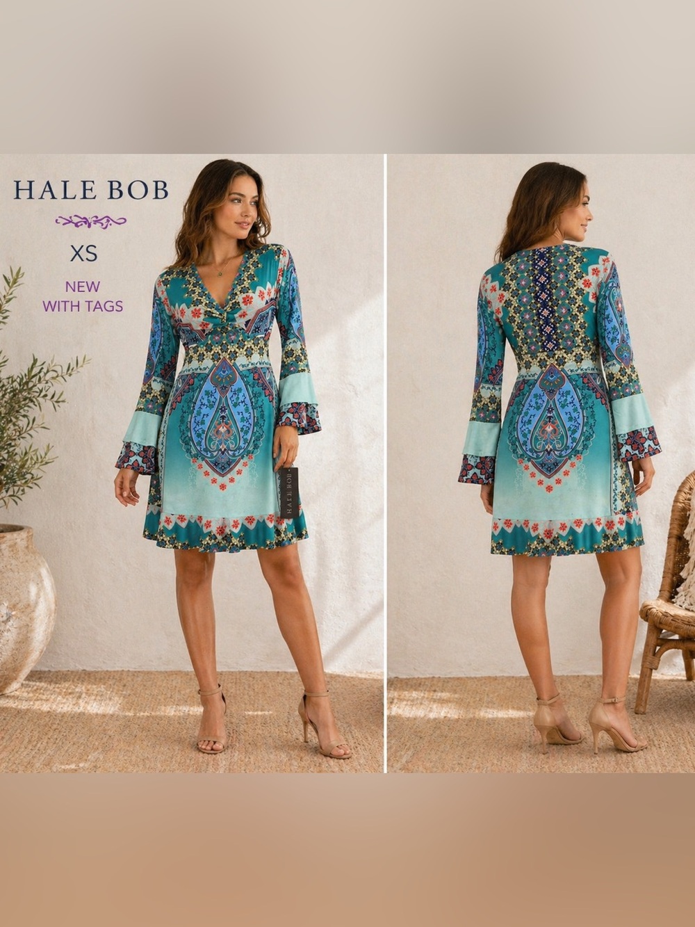 Hale Bob Silk Blend Print Dress Sz  XS Bell Sleeve Boho V Neck New festival chic
